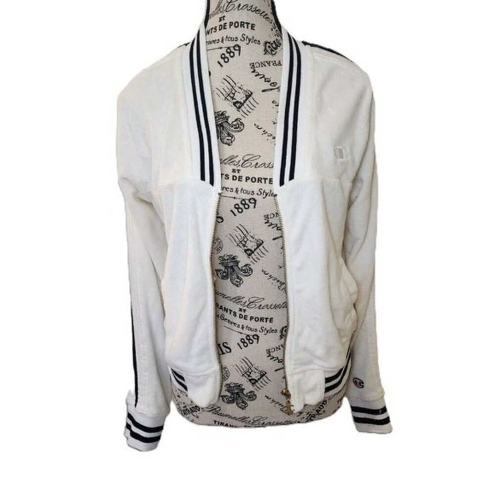 Champion Women's White Black Stripe Full Zip Track Bomber Jacket Size S